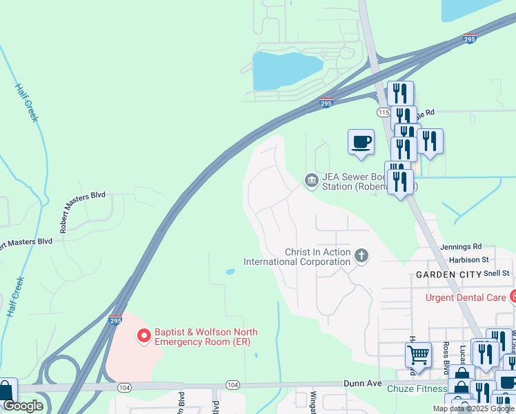 map of restaurants, bars, coffee shops, grocery stores, and more near 3833 Robena Road in Jacksonville