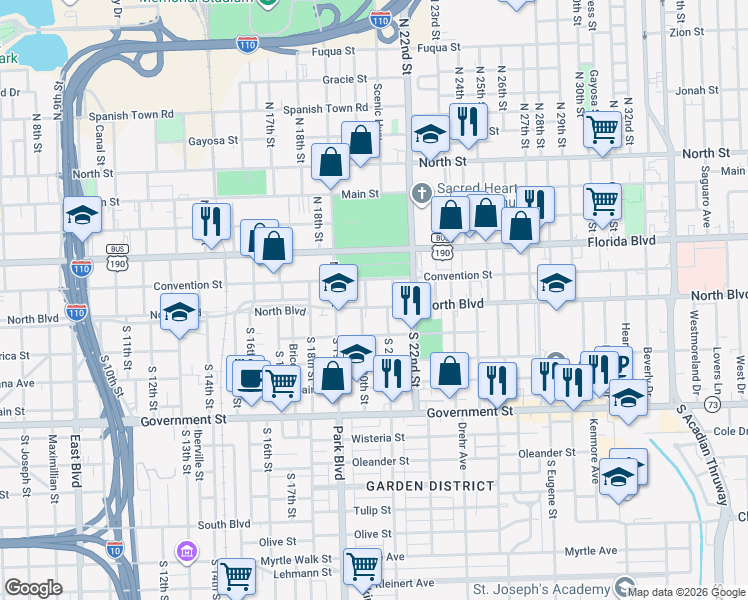 map of restaurants, bars, coffee shops, grocery stores, and more near 141 North 21st Street in Baton Rouge