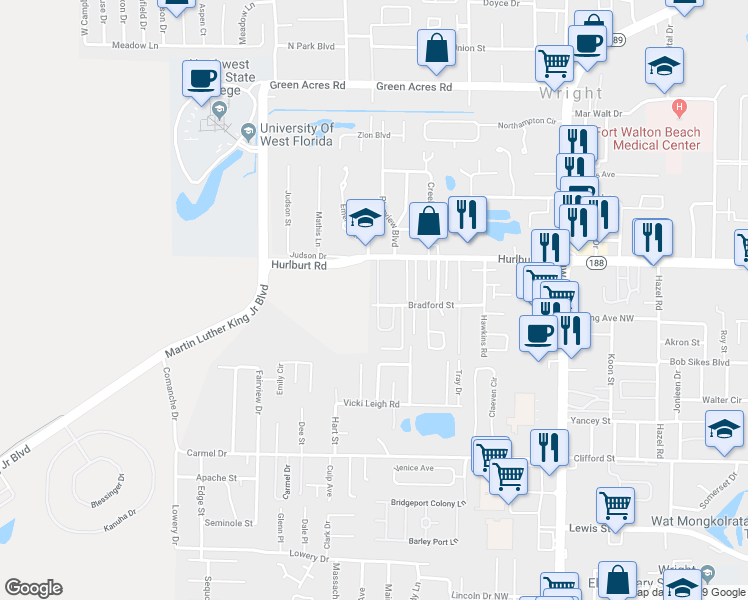 map of restaurants, bars, coffee shops, grocery stores, and more near 950 Scenic Oak Lane in Fort Walton Beach