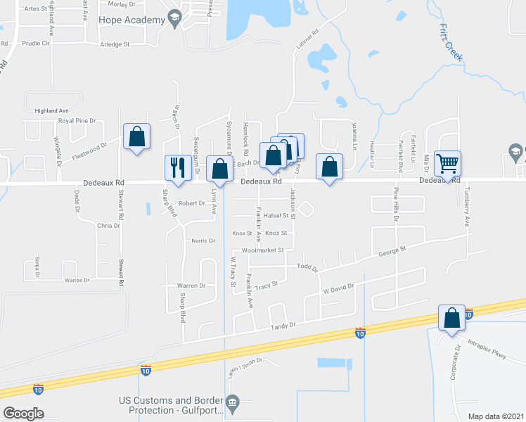 map of restaurants, bars, coffee shops, grocery stores, and more near 2501 Halsel Street in Gulfport