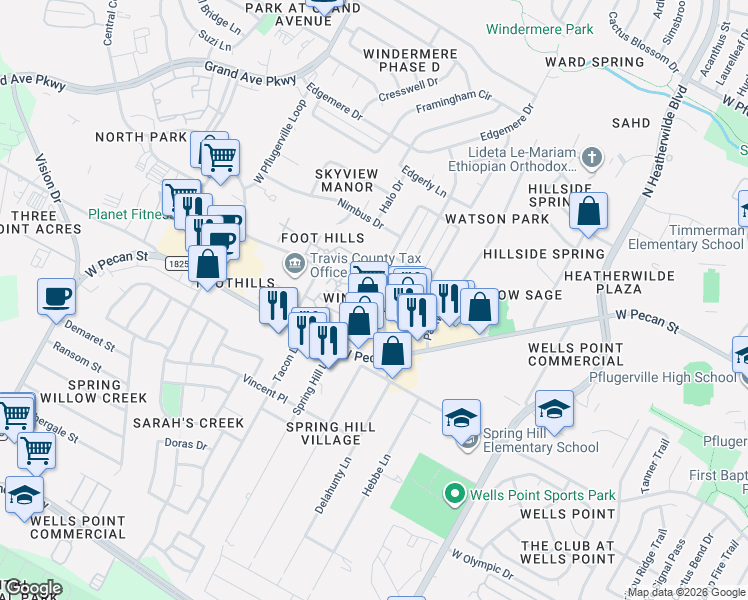 map of restaurants, bars, coffee shops, grocery stores, and more near 15906 Windermere Drive in Pflugerville