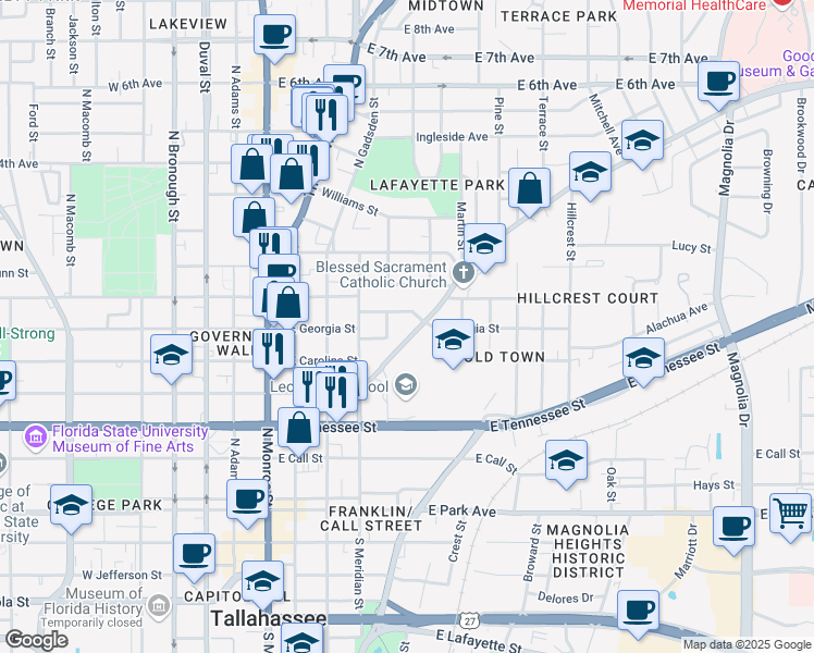 map of restaurants, bars, coffee shops, grocery stores, and more near 560 East Georgia Street in Tallahassee