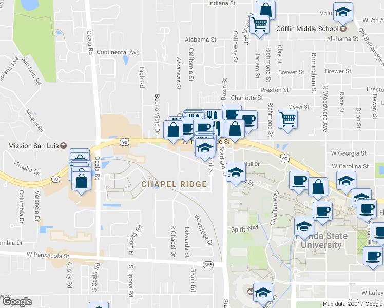 map of restaurants, bars, coffee shops, grocery stores, and more near 1701 West Tennessee Street in Tallahassee