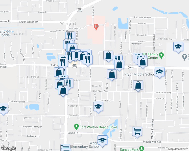 map of restaurants, bars, coffee shops, grocery stores, and more near 419 Racetrack Road Northwest in Fort Walton Beach