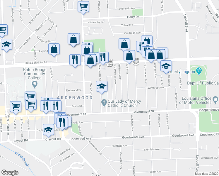 map of restaurants, bars, coffee shops, grocery stores, and more near 356 Apartment Court Drive in Baton Rouge