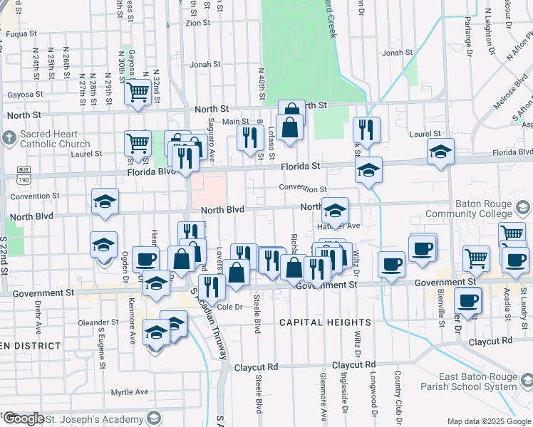 map of restaurants, bars, coffee shops, grocery stores, and more near 3849 North Boulevard in Baton Rouge