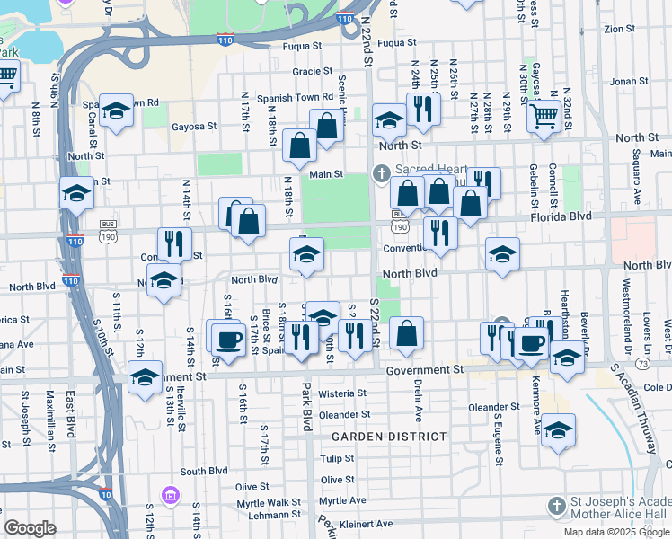 map of restaurants, bars, coffee shops, grocery stores, and more near 141 North 21st Street in Baton Rouge