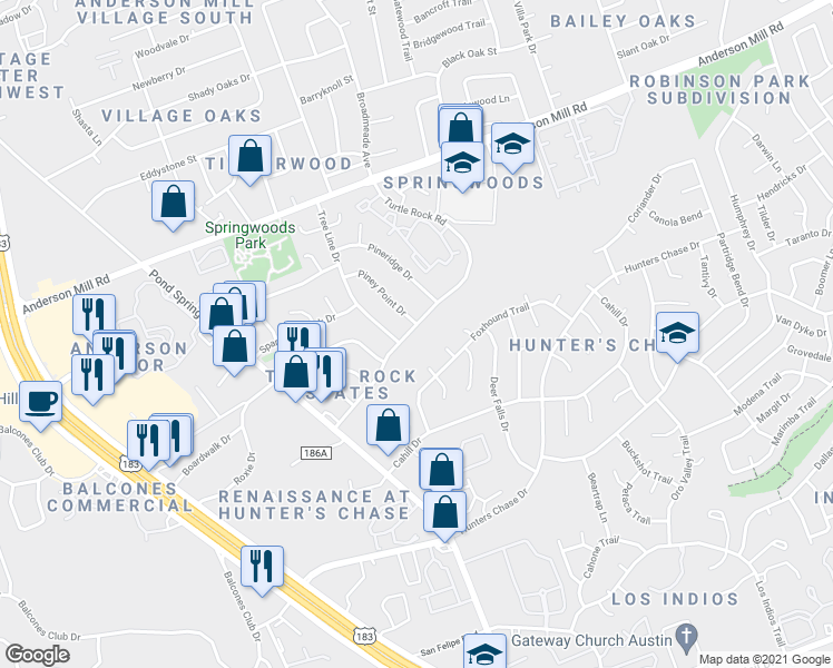 map of restaurants, bars, coffee shops, grocery stores, and more near 12601 Turtle Rock Road in Austin