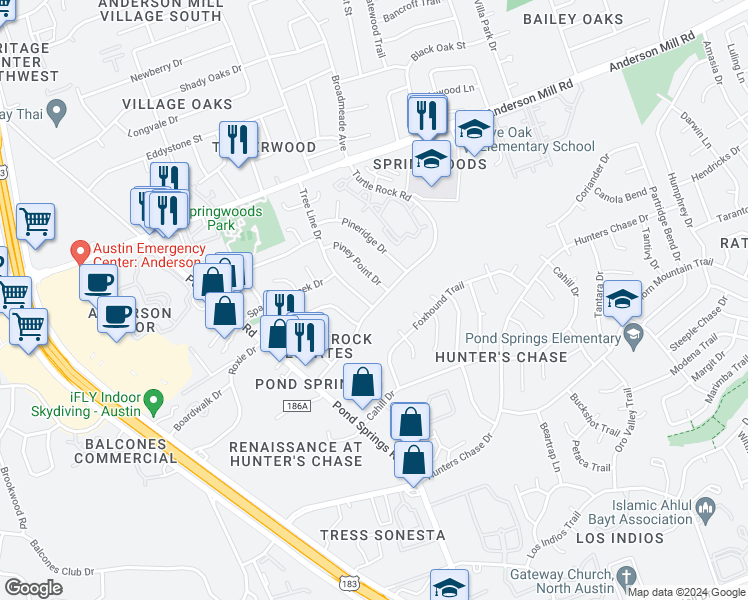 map of restaurants, bars, coffee shops, grocery stores, and more near 12407 Tree Line Drive in Austin
