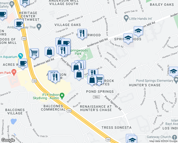 map of restaurants, bars, coffee shops, grocery stores, and more near 12304a Burr Ridge Drive in Austin