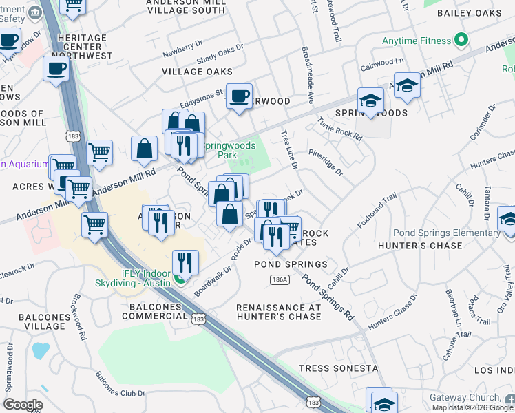 map of restaurants, bars, coffee shops, grocery stores, and more near 12304a Burr Ridge Drive in Austin