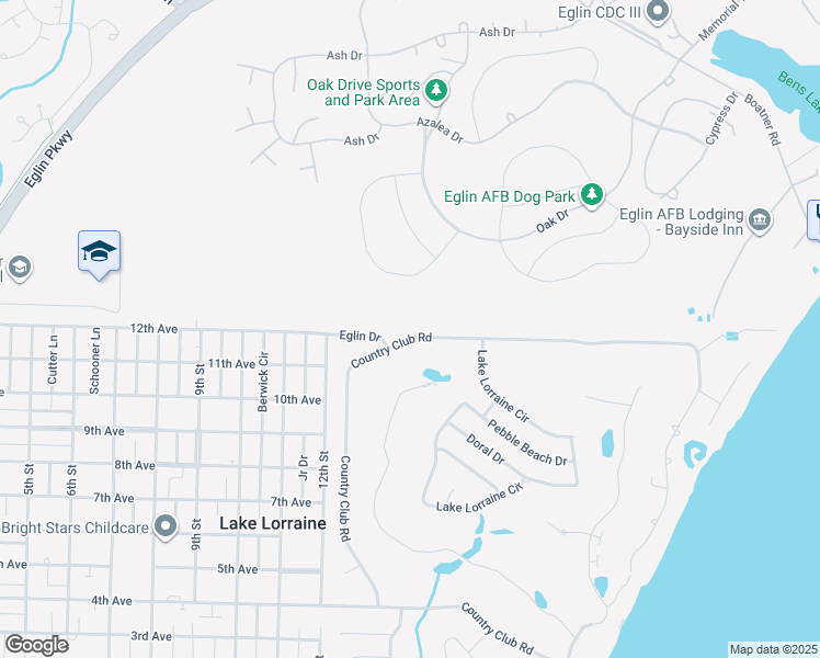 map of restaurants, bars, coffee shops, grocery stores, and more near 1 Eglin Drive in Shalimar
