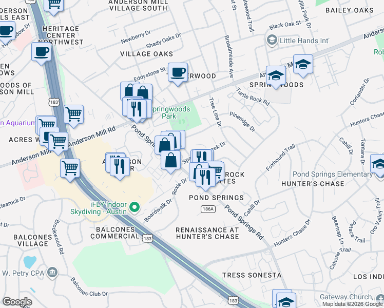 map of restaurants, bars, coffee shops, grocery stores, and more near 12304a Burr Ridge Drive in Austin