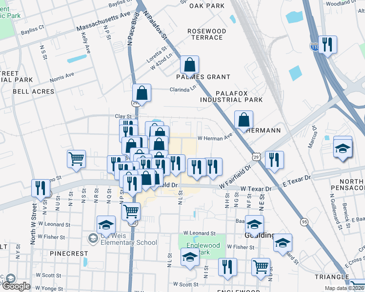 map of restaurants, bars, coffee shops, grocery stores, and more near 3300 North L Street in Pensacola