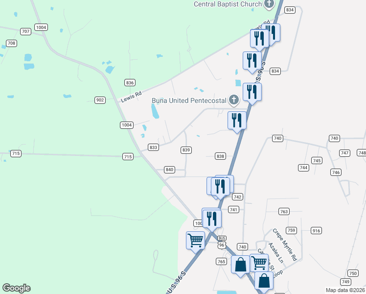 map of restaurants, bars, coffee shops, grocery stores, and more near 527 County Road 833 in Buna