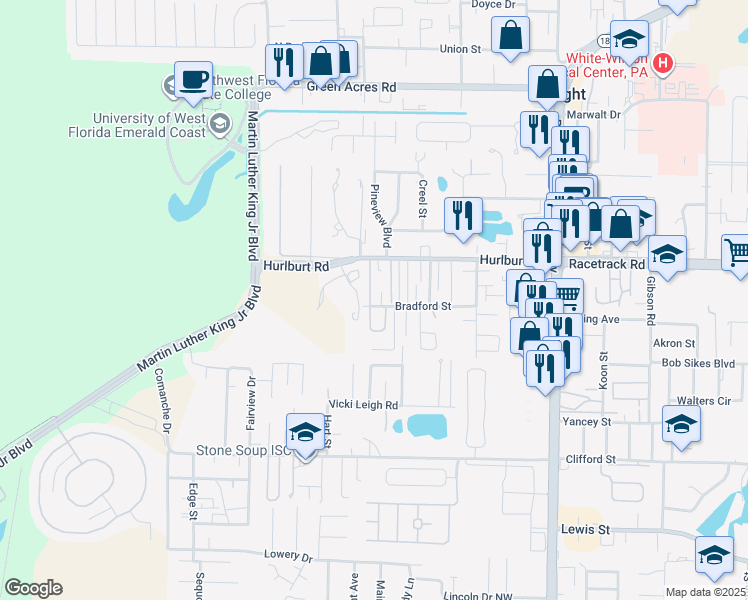 map of restaurants, bars, coffee shops, grocery stores, and more near 953 Scenic Oak Lane in Fort Walton Beach