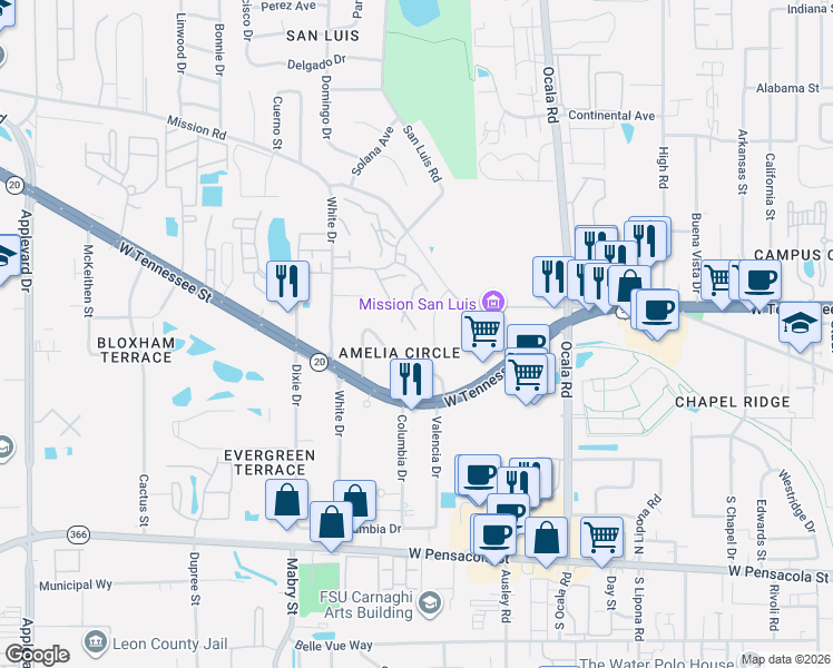 map of restaurants, bars, coffee shops, grocery stores, and more near 2179 Timberwood Circle South in Tallahassee