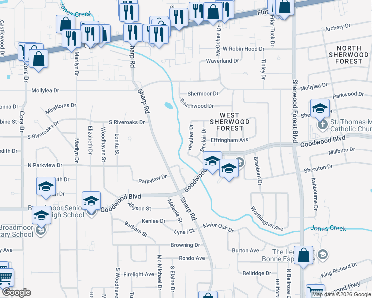 map of restaurants, bars, coffee shops, grocery stores, and more near 1120 Heather Drive in Baton Rouge