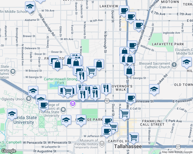 map of restaurants, bars, coffee shops, grocery stores, and more near 524 North Martin Luther King Junior Boulevard in Tallahassee