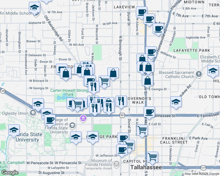 map of restaurants, bars, coffee shops, grocery stores, and more near 524 North Martin Luther King Junior Boulevard in Tallahassee