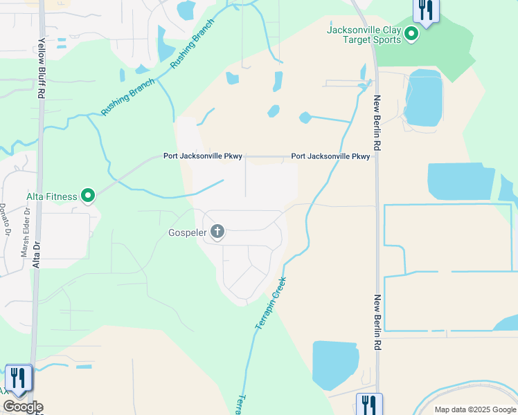 map of restaurants, bars, coffee shops, grocery stores, and more near 3625 Sunfish Drive in Jacksonville