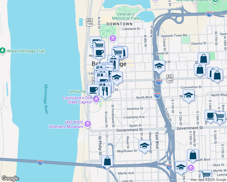 map of restaurants, bars, coffee shops, grocery stores, and more near 400 Convention Street in Baton Rouge