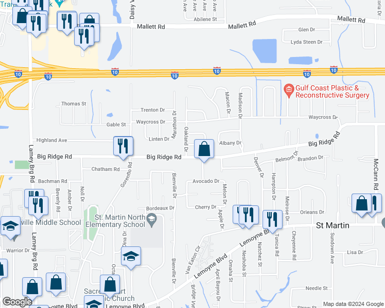 map of restaurants, bars, coffee shops, grocery stores, and more near 16024 Big Ridge Road in Biloxi
