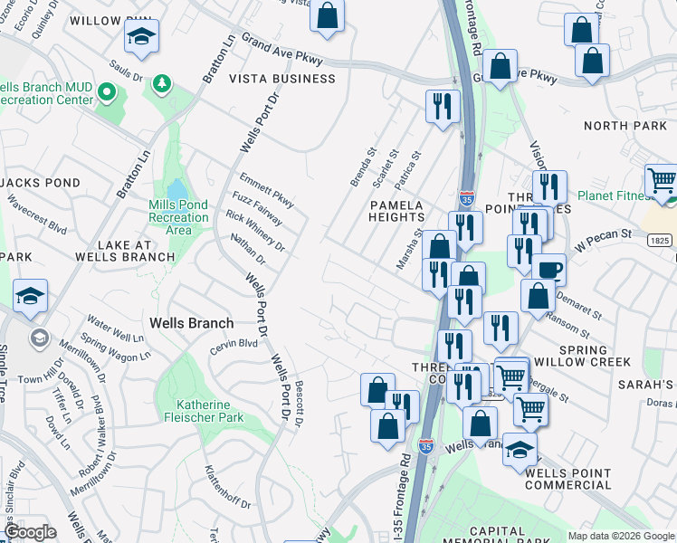 map of restaurants, bars, coffee shops, grocery stores, and more near 2108 Tasmanian Tiger Trace in Austin