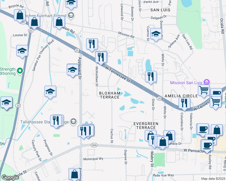 map of restaurants, bars, coffee shops, grocery stores, and more near 437 Cactus Street in Tallahassee