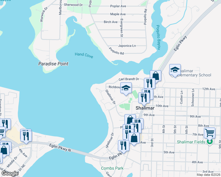 map of restaurants, bars, coffee shops, grocery stores, and more near 184 Richbourg Avenue in Shalimar