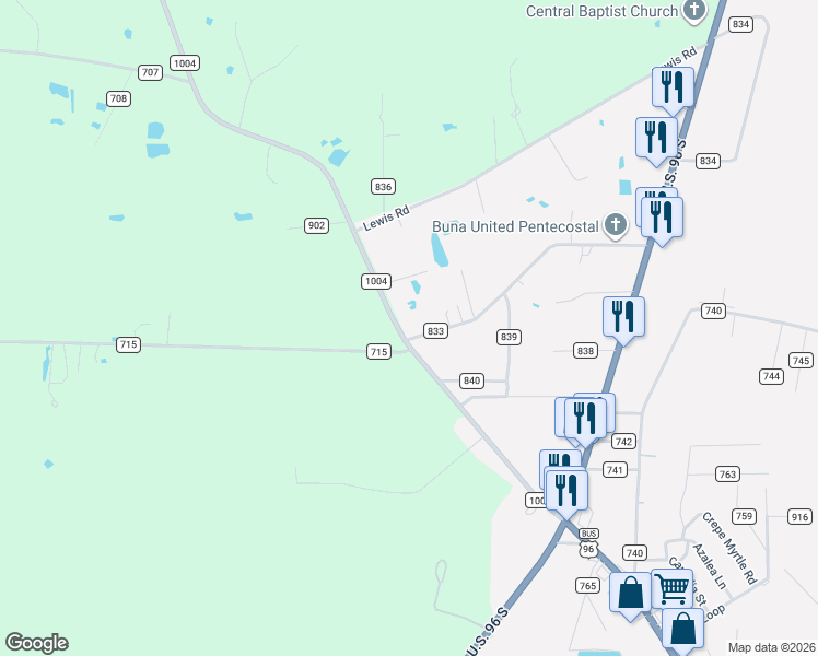 map of restaurants, bars, coffee shops, grocery stores, and more near 15131 Farm to Market 1004 in Buna