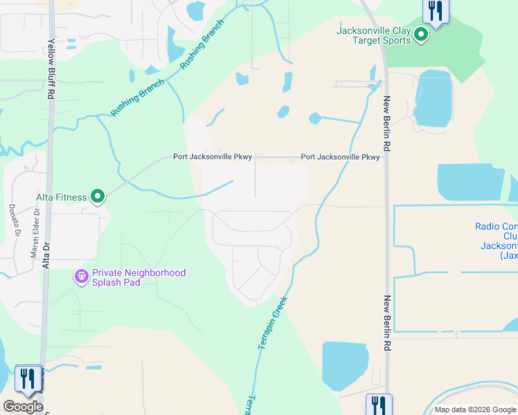 map of restaurants, bars, coffee shops, grocery stores, and more near 3625 Sunfish Drive in Jacksonville