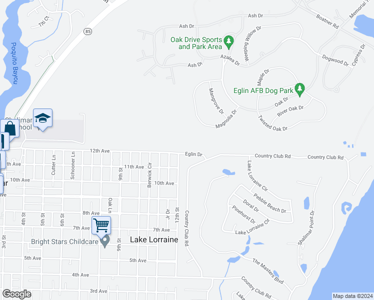 map of restaurants, bars, coffee shops, grocery stores, and more near 11 Eglin Drive in Shalimar