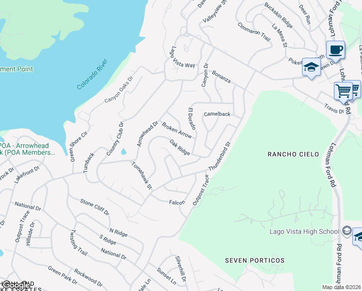 map of restaurants, bars, coffee shops, grocery stores, and more near 20706 Oak Ridge in Lago Vista