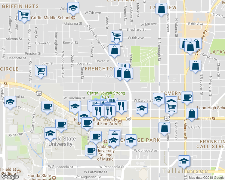 map of restaurants, bars, coffee shops, grocery stores, and more near 604 North Copeland Street in Tallahassee