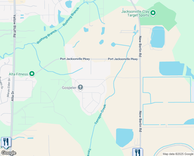 map of restaurants, bars, coffee shops, grocery stores, and more near 3625 Sunfish Drive in Jacksonville