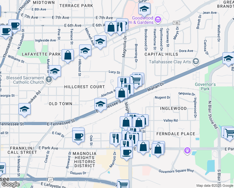 map of restaurants, bars, coffee shops, grocery stores, and more near 1123 Alachua Avenue in Tallahassee