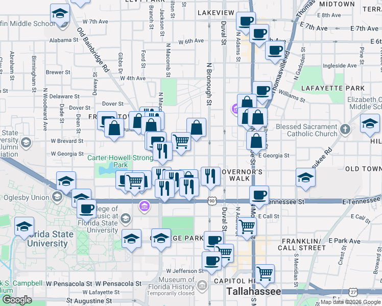 map of restaurants, bars, coffee shops, grocery stores, and more near 524 North Martin Luther King Junior Boulevard in Tallahassee