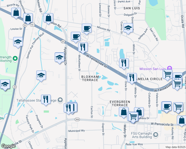 map of restaurants, bars, coffee shops, grocery stores, and more near 437 Cactus Street in Tallahassee
