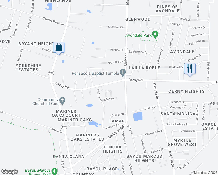 map of restaurants, bars, coffee shops, grocery stores, and more near 5227 Cerny Road in Pensacola