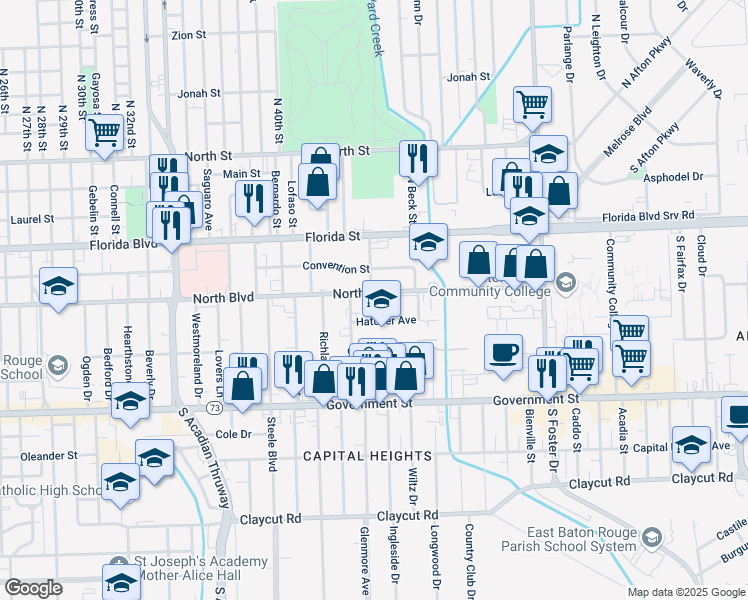 map of restaurants, bars, coffee shops, grocery stores, and more near 4217 North Boulevard in Baton Rouge