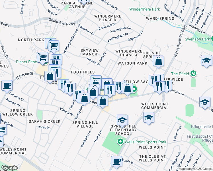 map of restaurants, bars, coffee shops, grocery stores, and more near 15913 Windermere Drive in Pflugerville