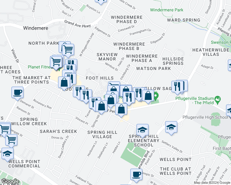 map of restaurants, bars, coffee shops, grocery stores, and more near 15906 Windermere Drive in Pflugerville