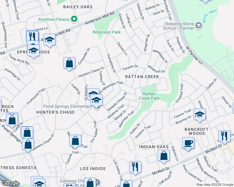 map of restaurants, bars, coffee shops, grocery stores, and more near 13006 Humphrey Drive in Austin