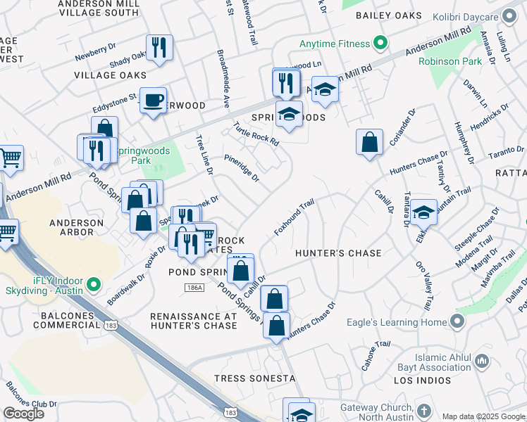 map of restaurants, bars, coffee shops, grocery stores, and more near 12601 Turtle Rock Road in Austin