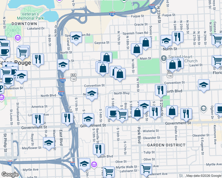 map of restaurants, bars, coffee shops, grocery stores, and more near 477 Saint Vincent De Paul Drive in Baton Rouge