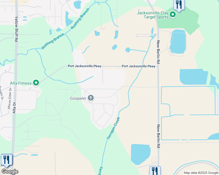 map of restaurants, bars, coffee shops, grocery stores, and more near 3625 Sunfish Drive in Jacksonville