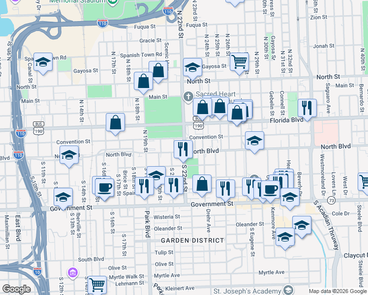 map of restaurants, bars, coffee shops, grocery stores, and more near 132 North 22nd Street in Baton Rouge