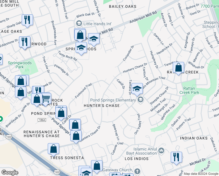map of restaurants, bars, coffee shops, grocery stores, and more near 12705 Hunters Chase Drive in Austin
