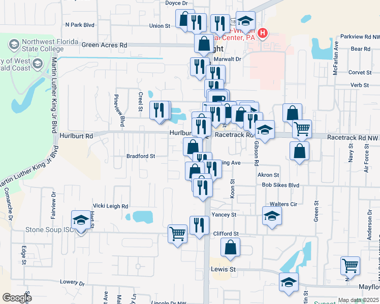 map of restaurants, bars, coffee shops, grocery stores, and more near 800 Beal Parkway in Fort Walton Beach